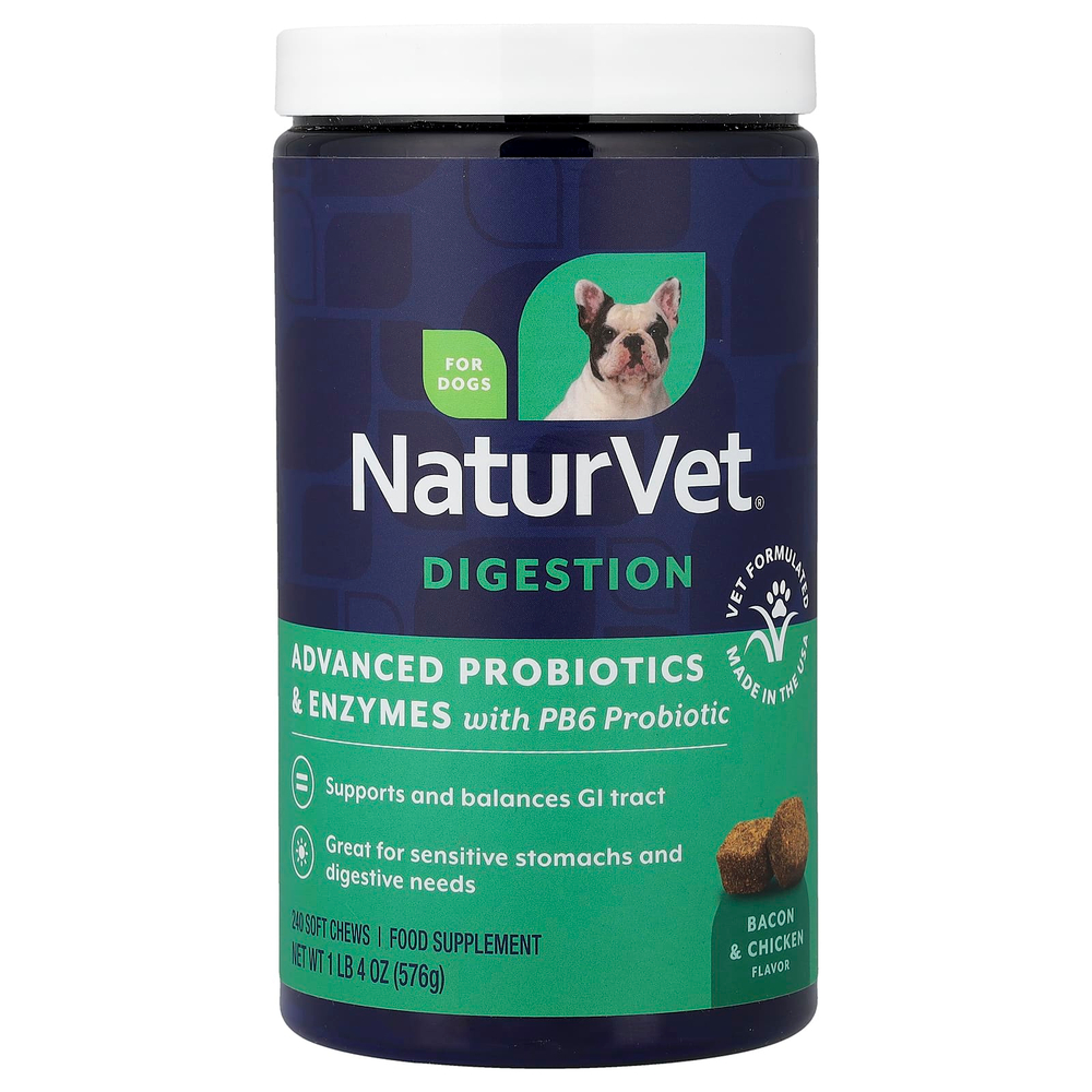 NaturVet, улучшенные пробиотики и ферменты с пробиотиком PB6, для собак, бекон и курица, 240 жевательных таблеток, 576 г (1 фунт 4 унции)