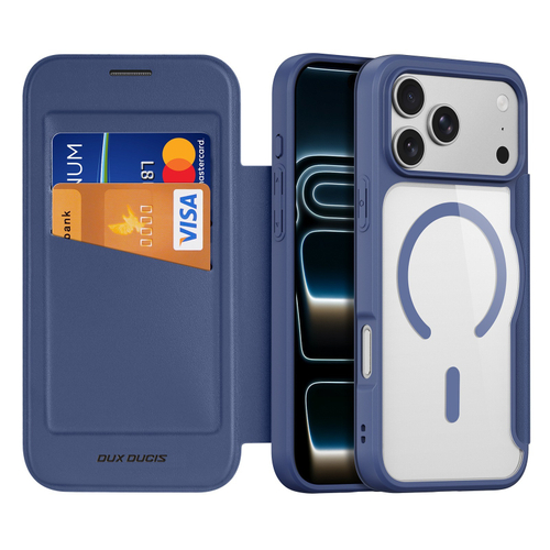 Чехол книжка синего цвета с поддержкой MagSafe от Dux Ducis для iPhone 17 Pro, серия Skin X Pro Series Case