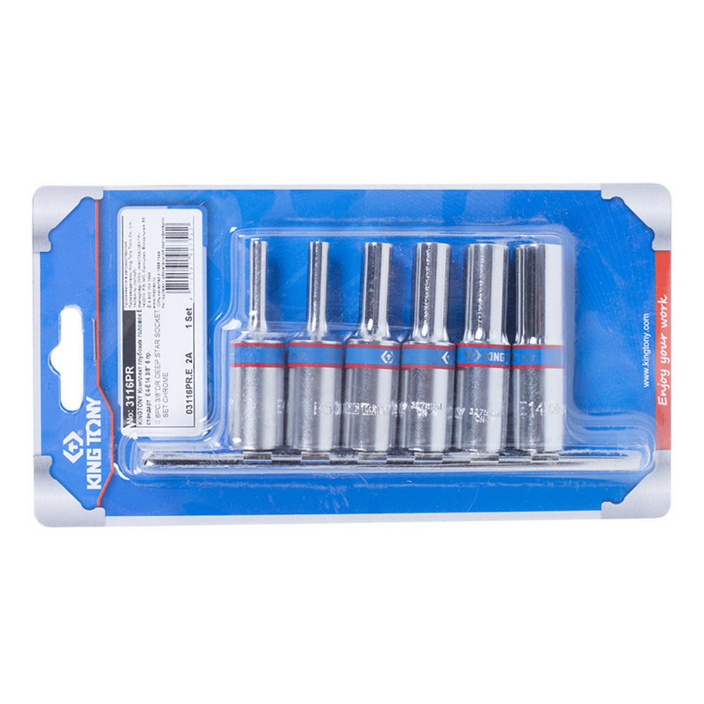 Набор глубоких торцевых головок 3/8", TORX Е-стандарт, Е4-Е14, 6 предметов KING TONY 3116PR