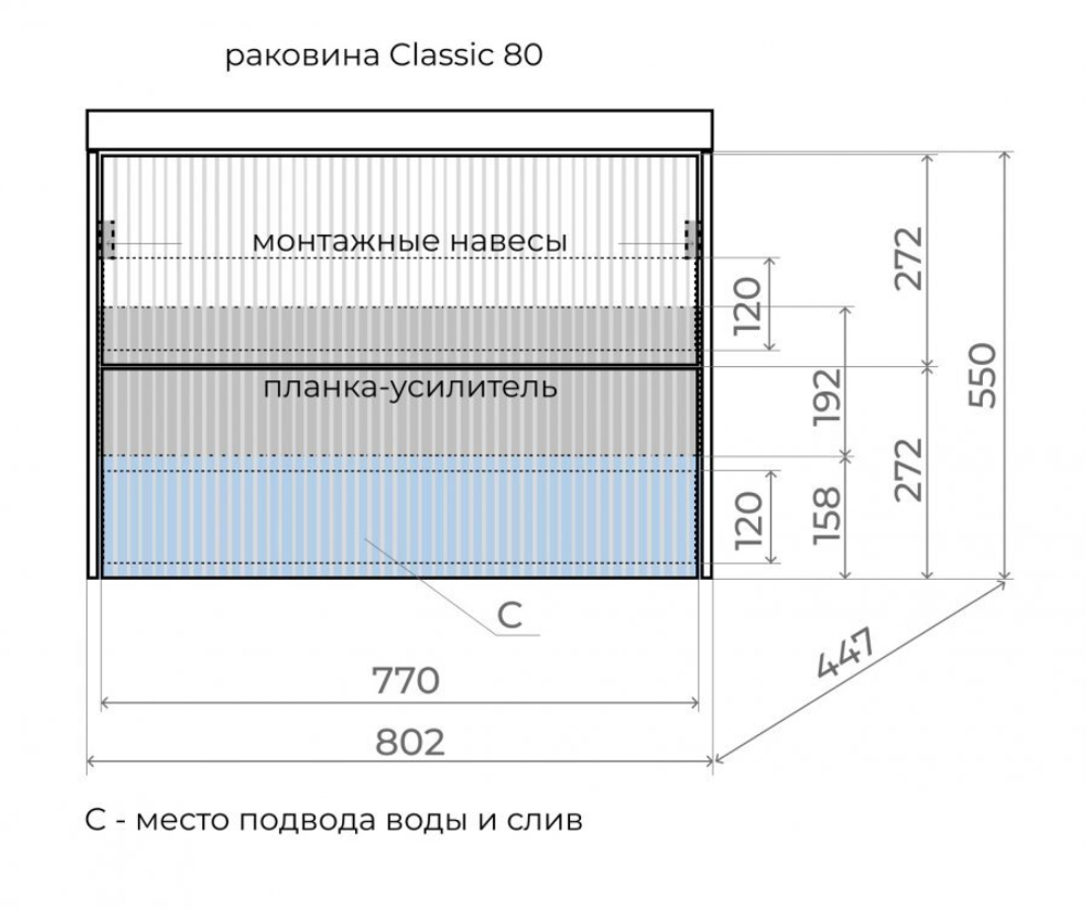 Тумба подвесная "Стокгольм 80", Classic 80, (2 ящ.) белый рифленый софт, PUSH