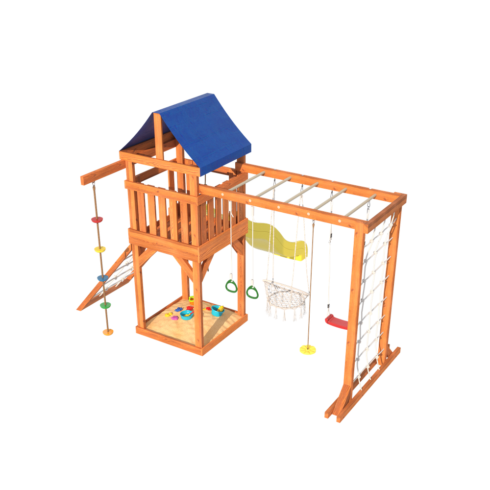 Детская площадка Fun Land с модулем сетка-рукоход, мини сеткой, подвесным креслом и качелями