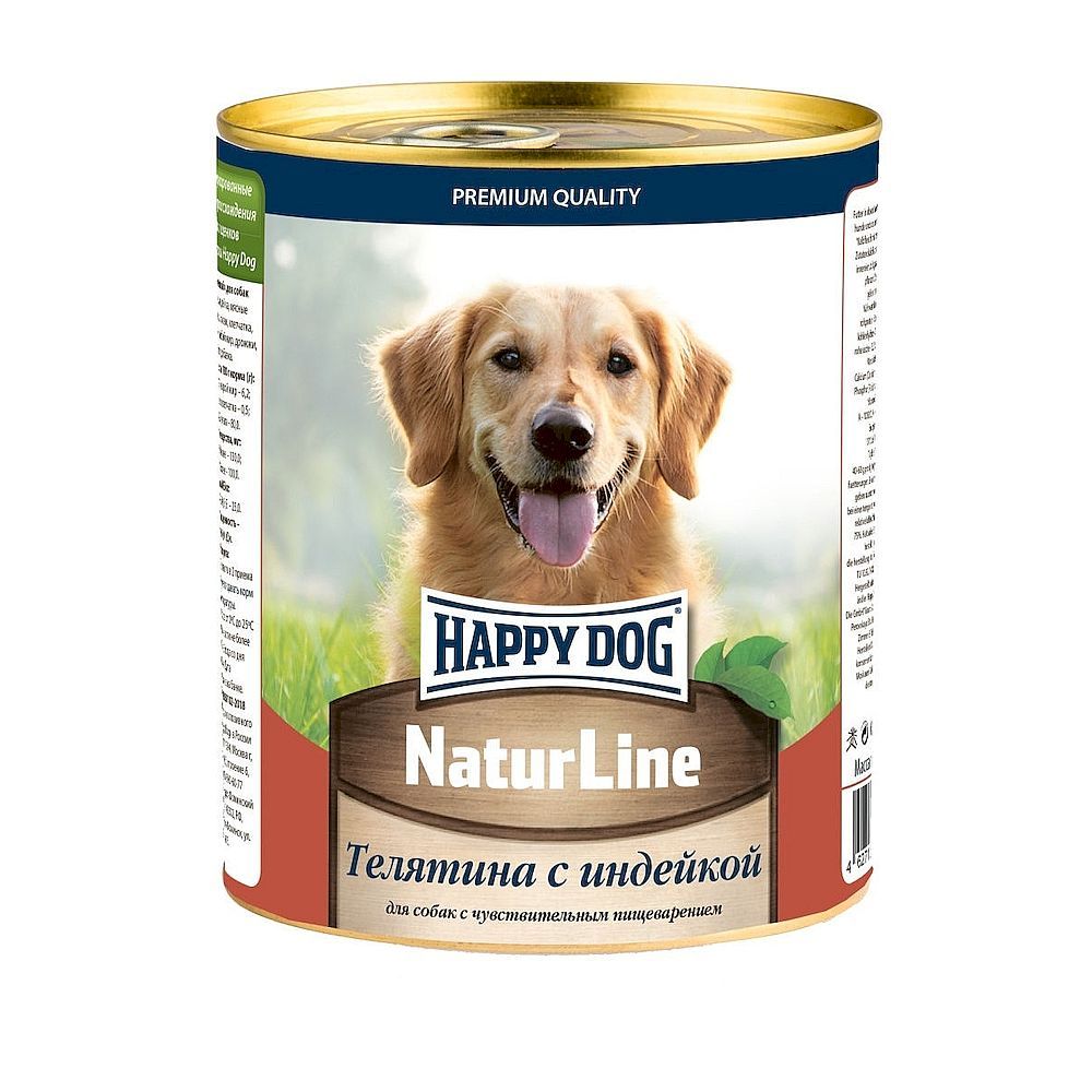 Влажный корм Happy Dog Natur Line для собак с телятиной и индейкой, банка 970г Влажный корм Happy Dog Natur Line для собак с телятиной и индейкой, банка 970г