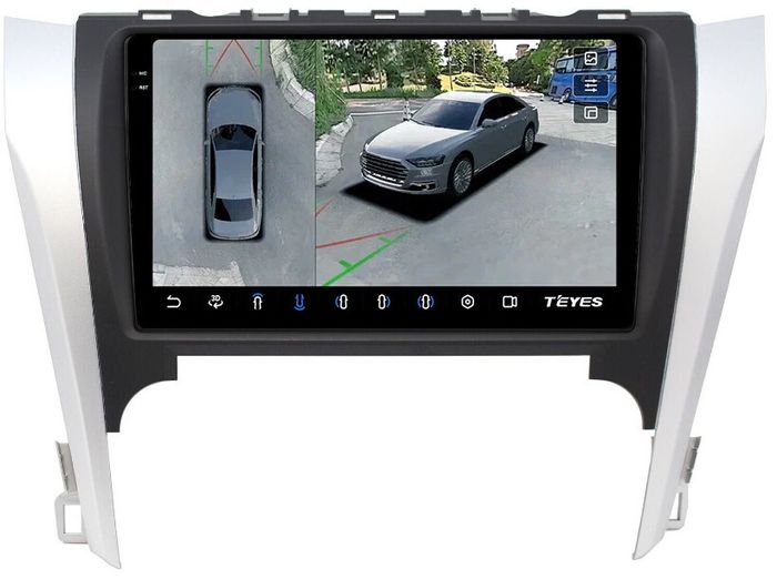 Магнитола для Toyota Camry 50 2011-2014 (рамка серебристо-черная 9) - Teyes CC3-2K-360 на Android 10, Быстрая, 2K QLED, CarPlay, 4G SIM-слот, 4 камеры в комплекте
