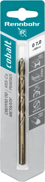 Сверло по металлу, 3-гр. хвост., 7,0х109мм, HSS-Co, Р6М5К5, 1шт/уп, RENNBOHR COBALT CARD