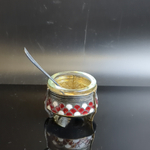 Солонка с декором в виде чешуи и ложкой , мельхиор (медь-никель), цветные эмали, стекло. Мстерский завод художественных изделий «Ювелир», СССР, 1970-1990 гг
