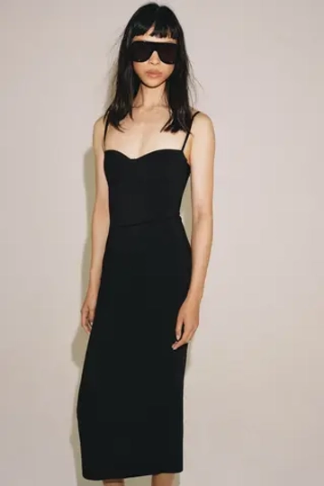 ZARA ПЛАТЬЕ МИДИ ИЗ СМЕСОВОГО ПОЛИАМИДА, ЧЕРНЫЙ