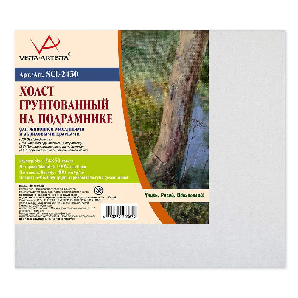 Холст на подрамнике грунтованный 24х30 см, 400 г/м², 2 шт, мелкозернистый, Vista-Artista SCL-2430
