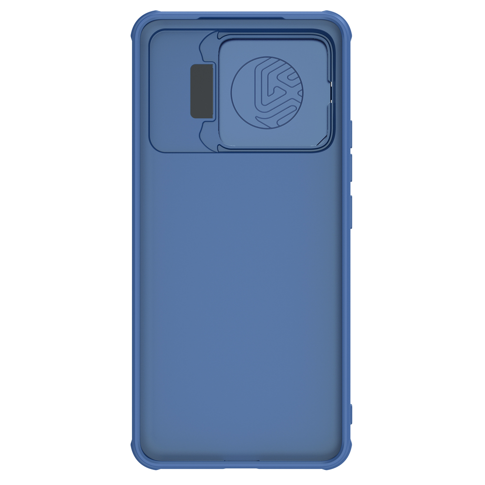 Чехол синего цвета от Nillkin с металлической откидной крышкой для камеры на Xiaomi Poco F6 Pro, серия CamShield Prop Case