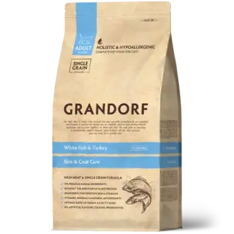 Сухой низкозерновой корм GRANDORF CAT White Fish&Turkey SKIN&CARE Белая рыба с индейкой 0,4кг