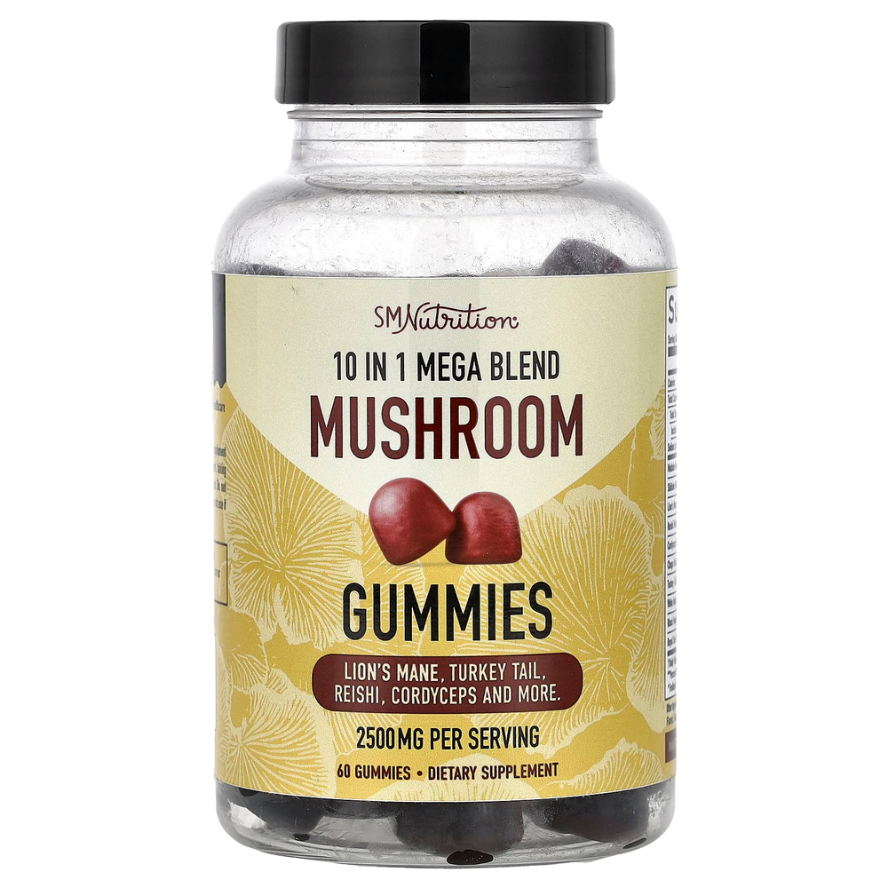 SMNutrition, Mega Blend, 10 в 1, жевательные мармеладки с грибами, со вкусом малины, 60 жевательных мармеладок