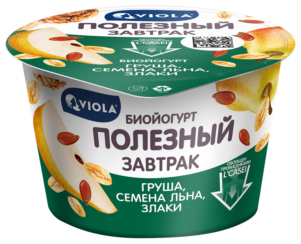 Биойогурт «Полезный завтрак» Viola, с грушей, грецким орехом, злаками и семенами льна. МДЖ 5,0%. 180г