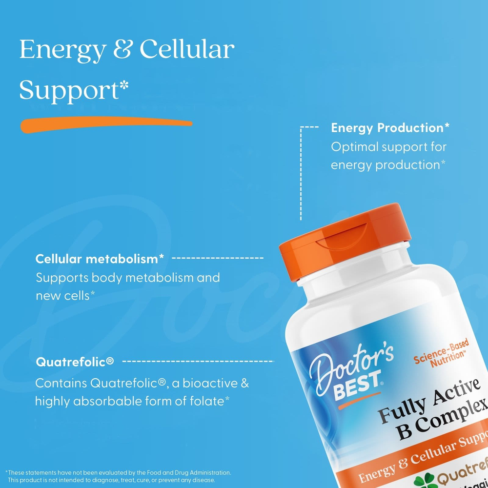 Doctor's Best, комплекс активных витаминов B с Quatrefolic, 30 вегетарианских капсул