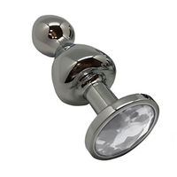 Металлическая анальная втулка 9,4см с белым кристаллом Cnex Wooomy Lollypop Double Ball Metal Plug White M
