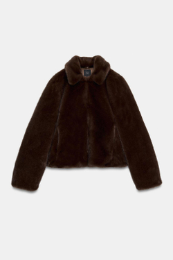 ZARA КОРОТКАЯ ШУБА ИЗ ИСКУССТВЕННОГО МЕХА, ТАБАЧНЫЙ