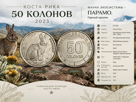 Коста-Рика 50 колонов, 2023 Фауна экосистемы - Парамо. Горный кролик UNC