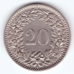 20 раппенов 1909 год. Швейцария. Никель VF-XF