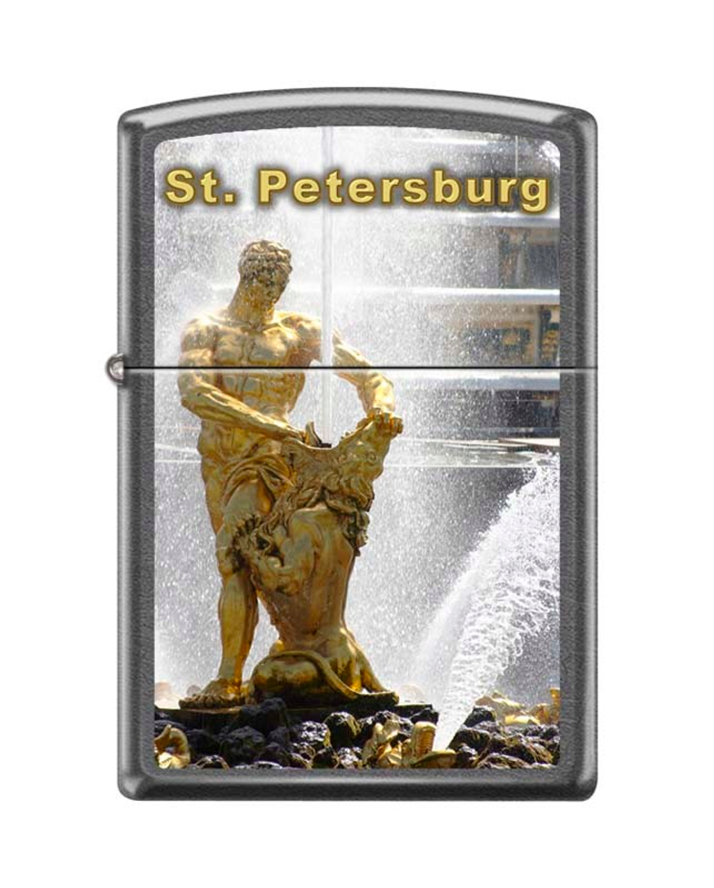Легендарная классическая американская бензиновая широкая зажигалка ZIPPO Classic Gray Dusk™ серая матовая из латуни и стали с рисунком "Петергофа"  ZP-28378 PETERHOF