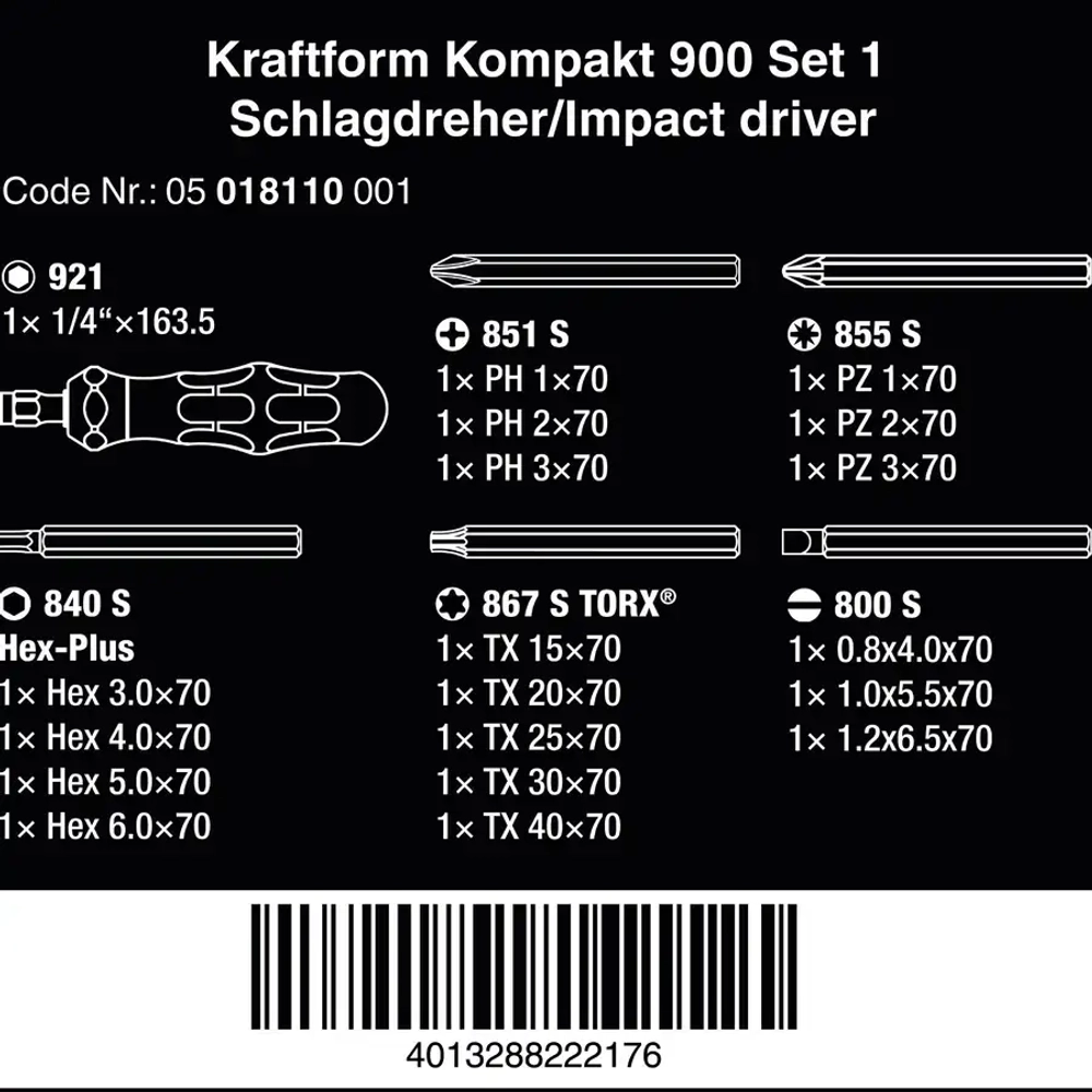 Ударная отвёртка с набором бит Kraftform Kompakt 900 Set 1 WERA 05018110001