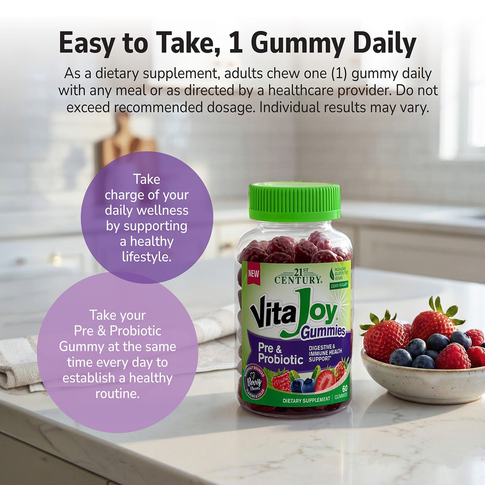 21st Century, VitaJoy®, жевательные пребиотики и пробиотики, с ягодным вкусом, 60 жевательных таблеток
