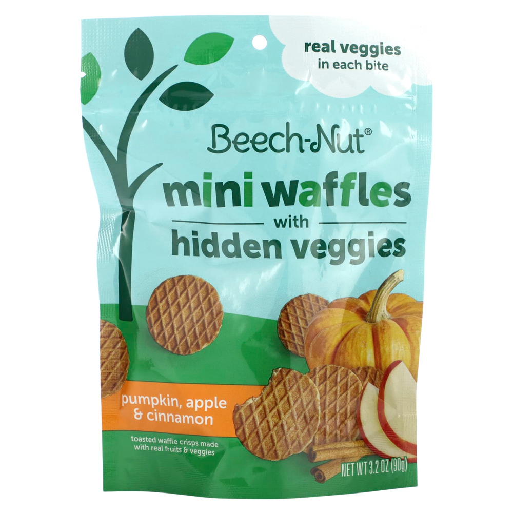 Beech-Nut, Мини-вафли со скрытыми овощами, от 12 месяцев, тыква, яблоко и корица, 90 г (3,2 унции)