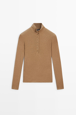 Massimo Dutti Футболка с длинными рукавами и воротником-стойкой, цвет темной верблюжьей шерсти