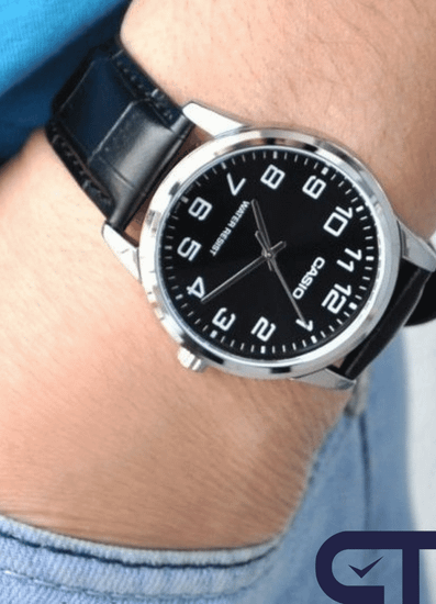 Casio MTP-V001L-1B Standard часы наручные мужские — чёрный циферблат, серебристый корпус и кожаный ремешок
