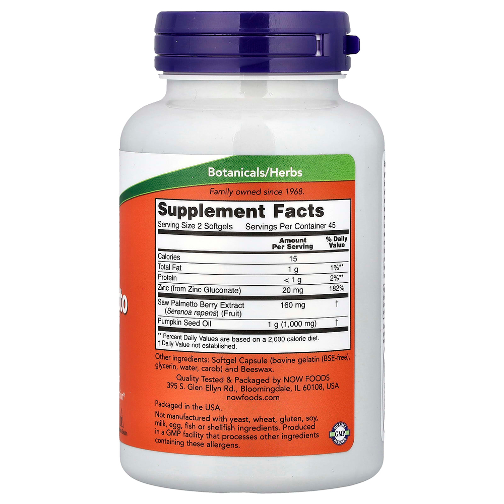 NOW Foods, экстракт серенои, с маслом из семян тыквы и цинком, 160 мг, 90 капсул