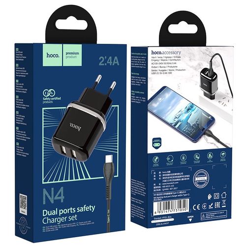 Сетевое зар. устр. Hoco N4 с шнуром Type-С 2USB 2.4A черное