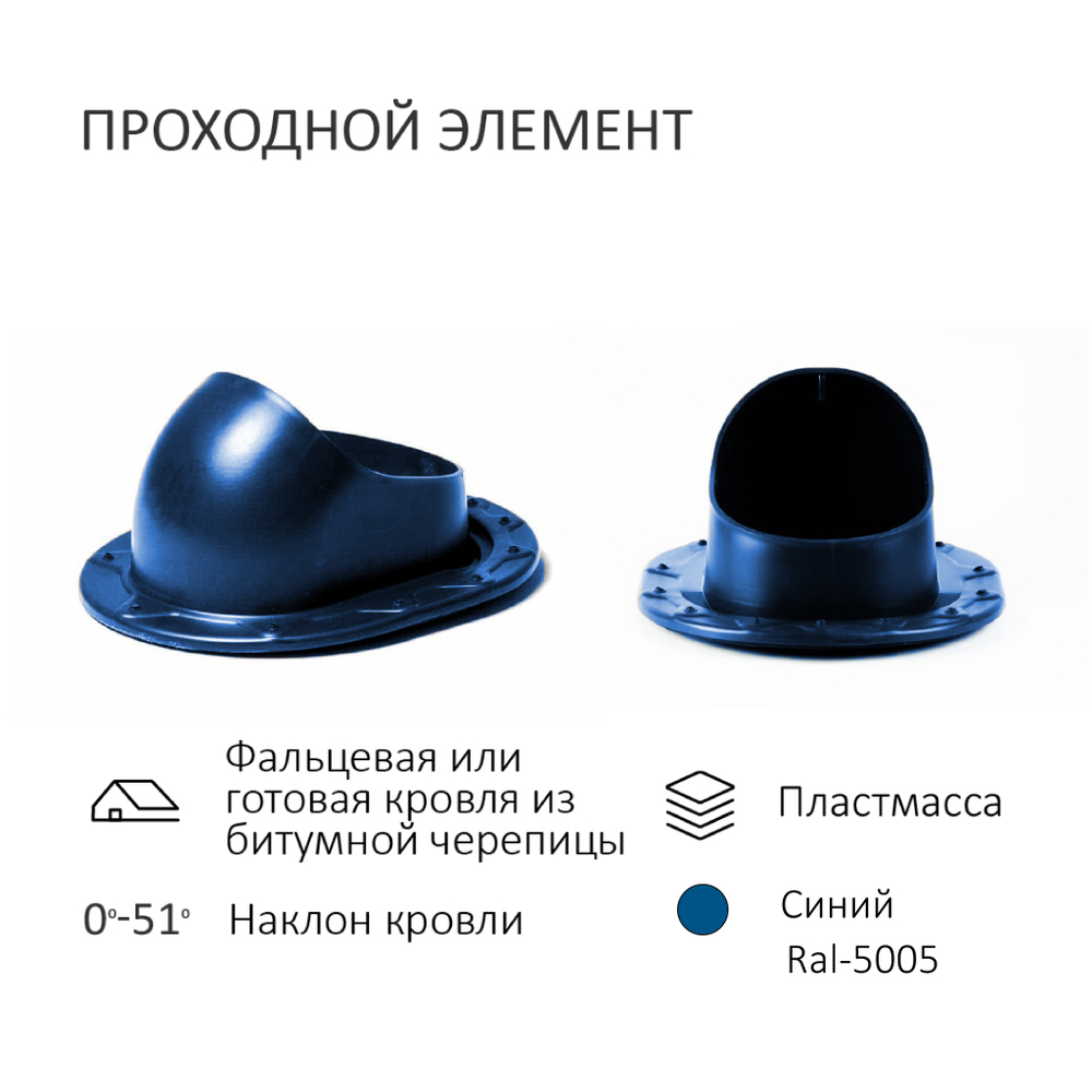 Комплект вентиляции: Вентиляционный выход изолированный D125/160 утепленный высота H=500 мм, проходной элемент SKAT для фальцевой и готовой кровли из битумной черепицы, колпак вентиляционный D160 мм, переход на канализационную трубу D110 с вентиляционного выхода 125/160 без уплотнения, синий
