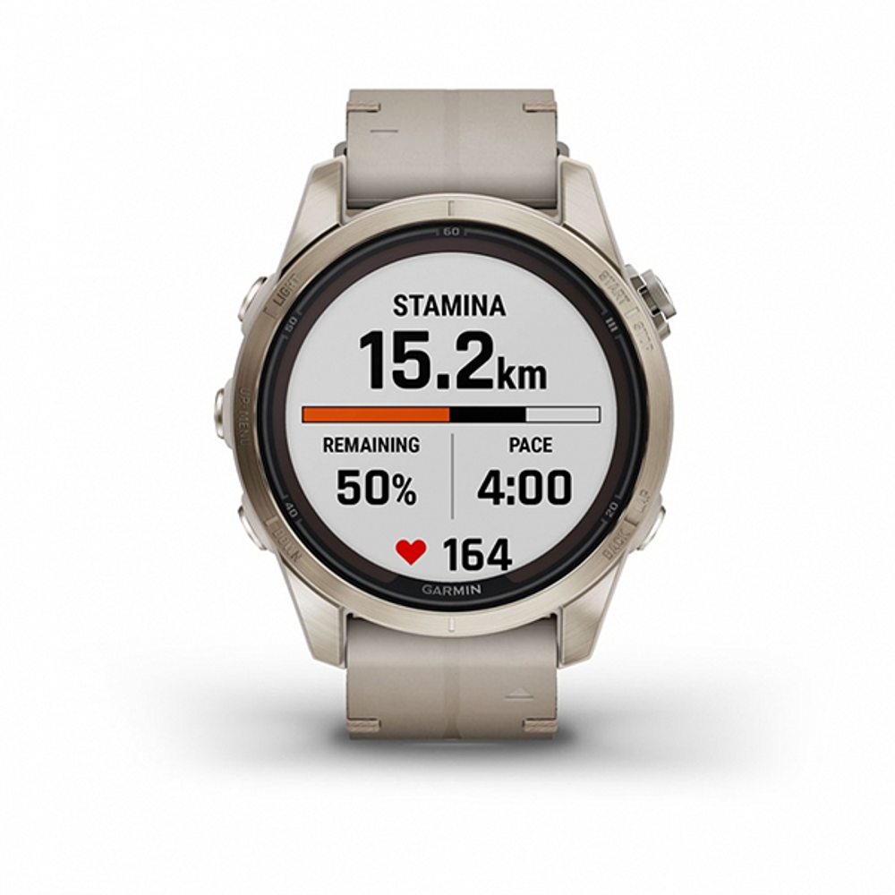 Умные часы Garmin FENIX 7S PRO Sapphire Solar 42 мм золотистый корпус с кожаным ремешком цвета известняка