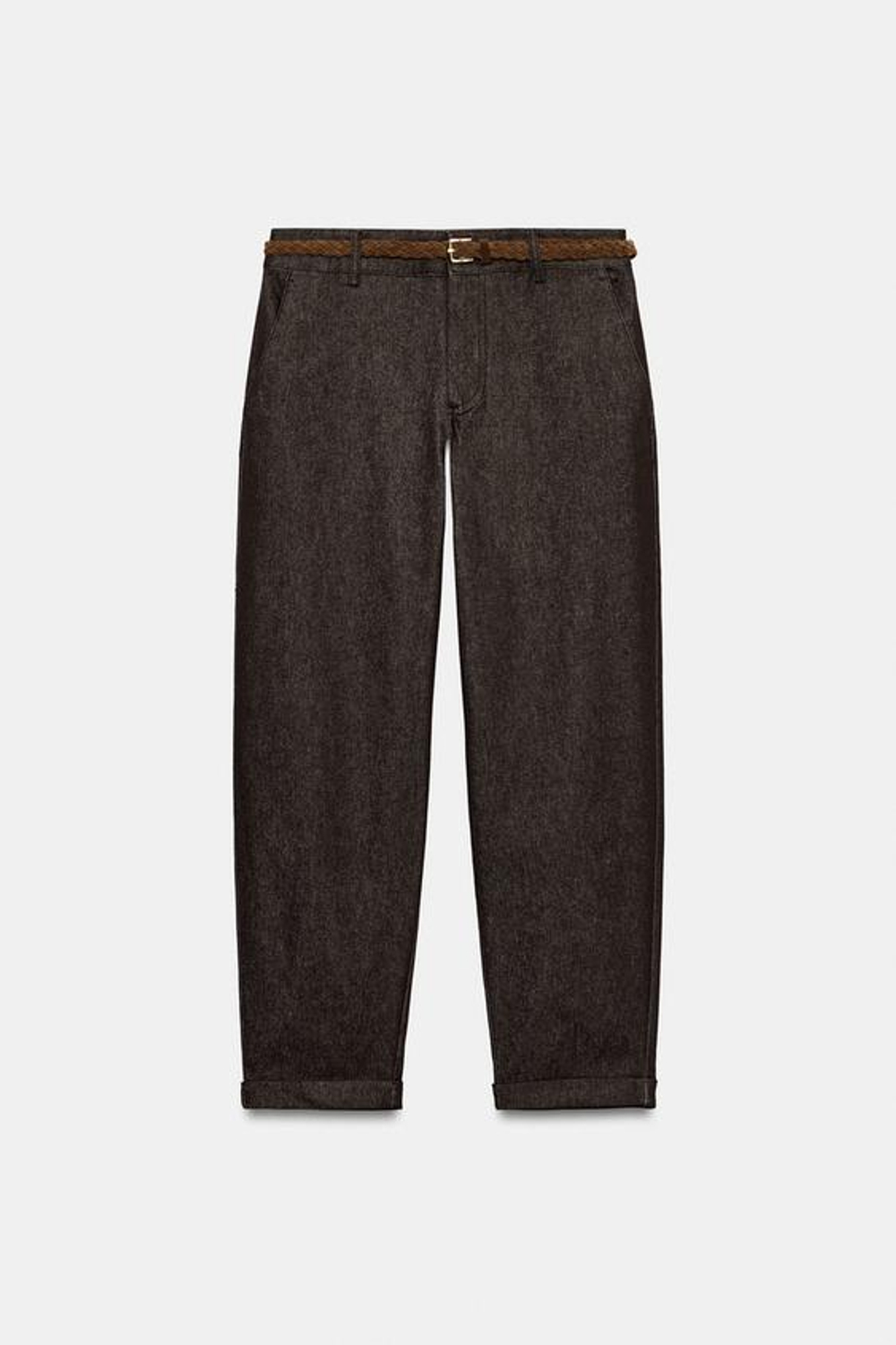 ZARA БРЮКИ ЧИНОС С ПЛЕТЕНЫМ РЕМНЕМ, КОРИЧНЕВЫЙ