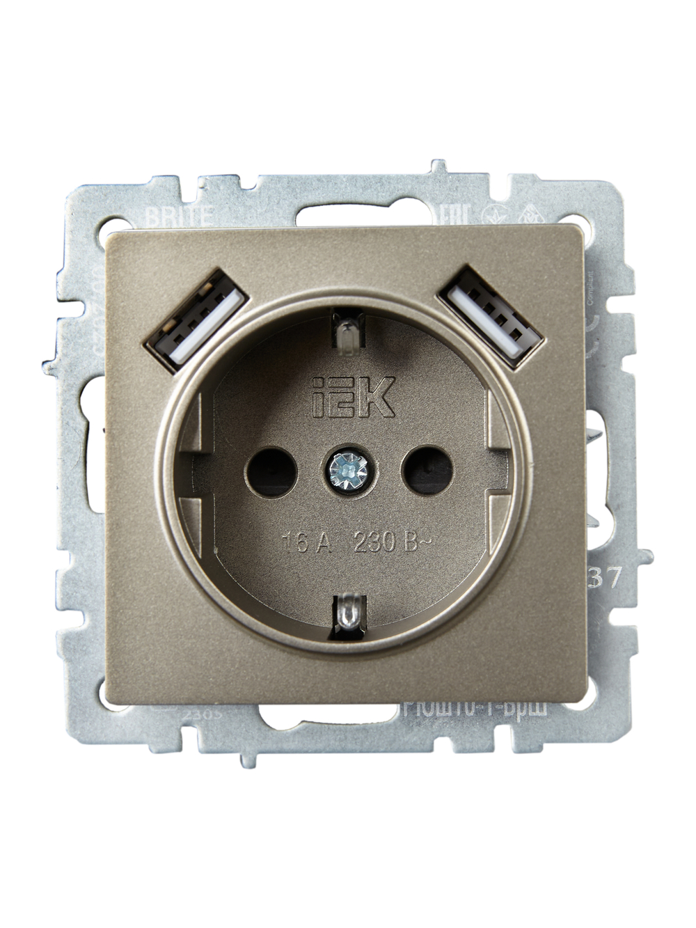 BRITE Розетка 1-местная с заземлением с защитными шторками 16А с USB A+A 5В 2,1А РЮш10-1-БрШ шампань IEK
