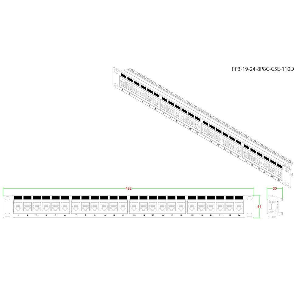 Патч-панель 19", 1U, 24 порта Hyperline PP3-19-24-8P8C-C5E-110D