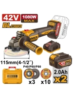 Аккумуляторная угловая шлифовальная машина (УШМ) INGCO CAGLI4108112 INDUSTRIAL 42 В 115 мм 2х2 Ач