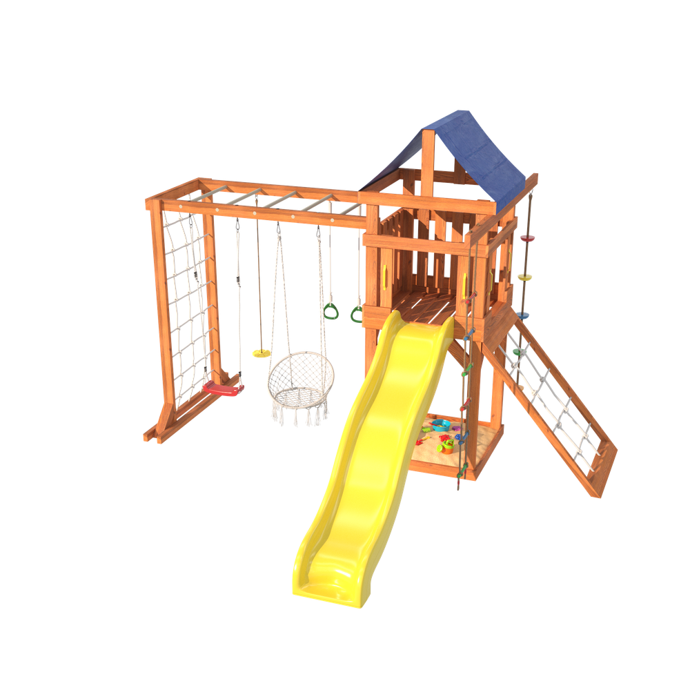 Детская площадка Fun Land с модулем сетка-рукоход, мини сеткой, подвесным креслом и качелями