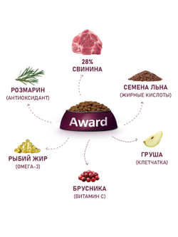 Сухой корм AWARD HYPO для взрослых собак всех пород со свининой с добавлением брусники, груши и розмарина