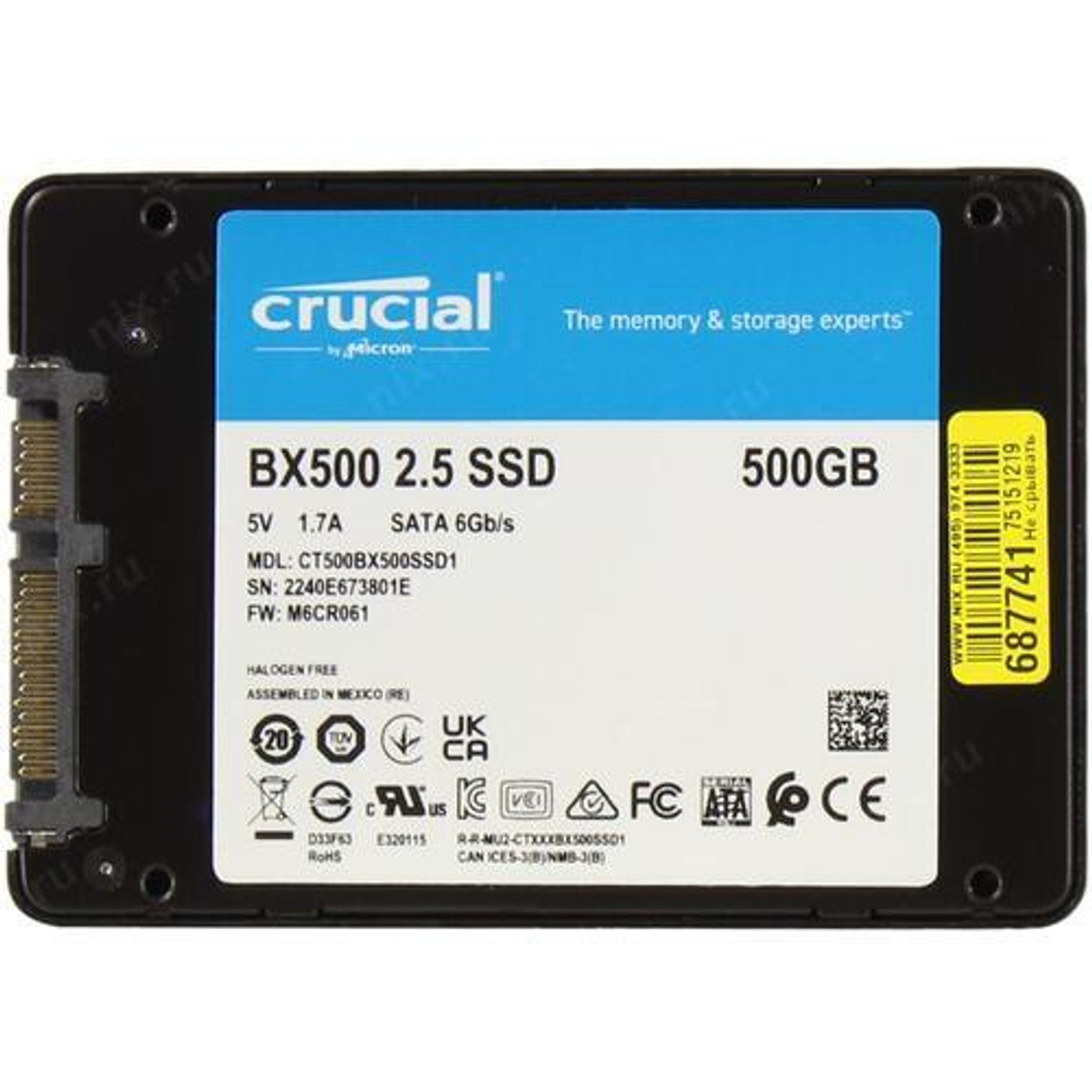 Накопитель SSD 500 Gb SATA 6Gb/s Crucial BX500 <CT500BX500SSD1> 2.5"