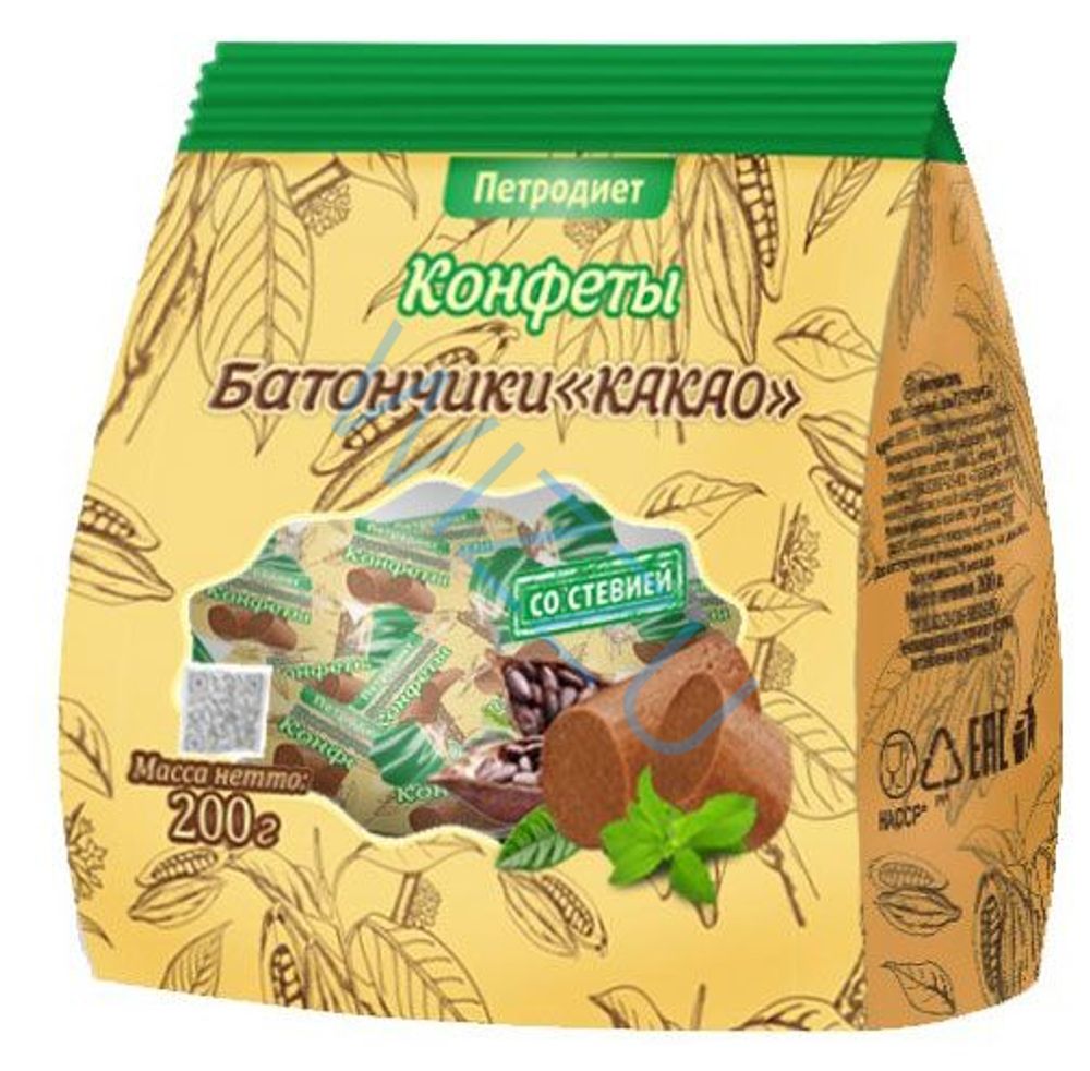 Конфеты Петродиет неглазированные пралине Батончики на фруктозе со Стевией КАКАО 200гр