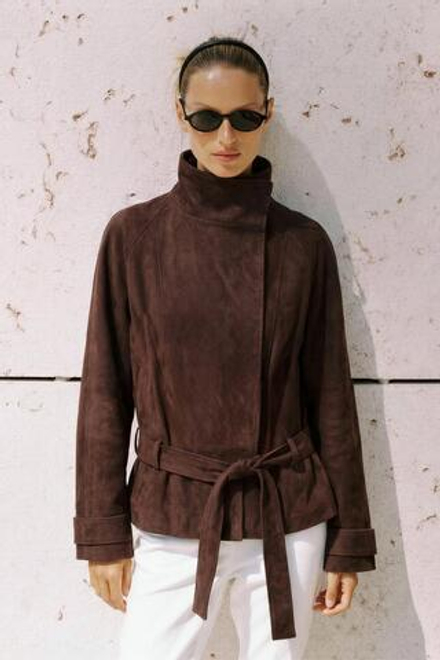 ZARA КУРТКА С РЕМНЕМ ИЗ ИСКУССТВЕННОЙ ЗАМШИ, КОРИЧНЕВЫЙ