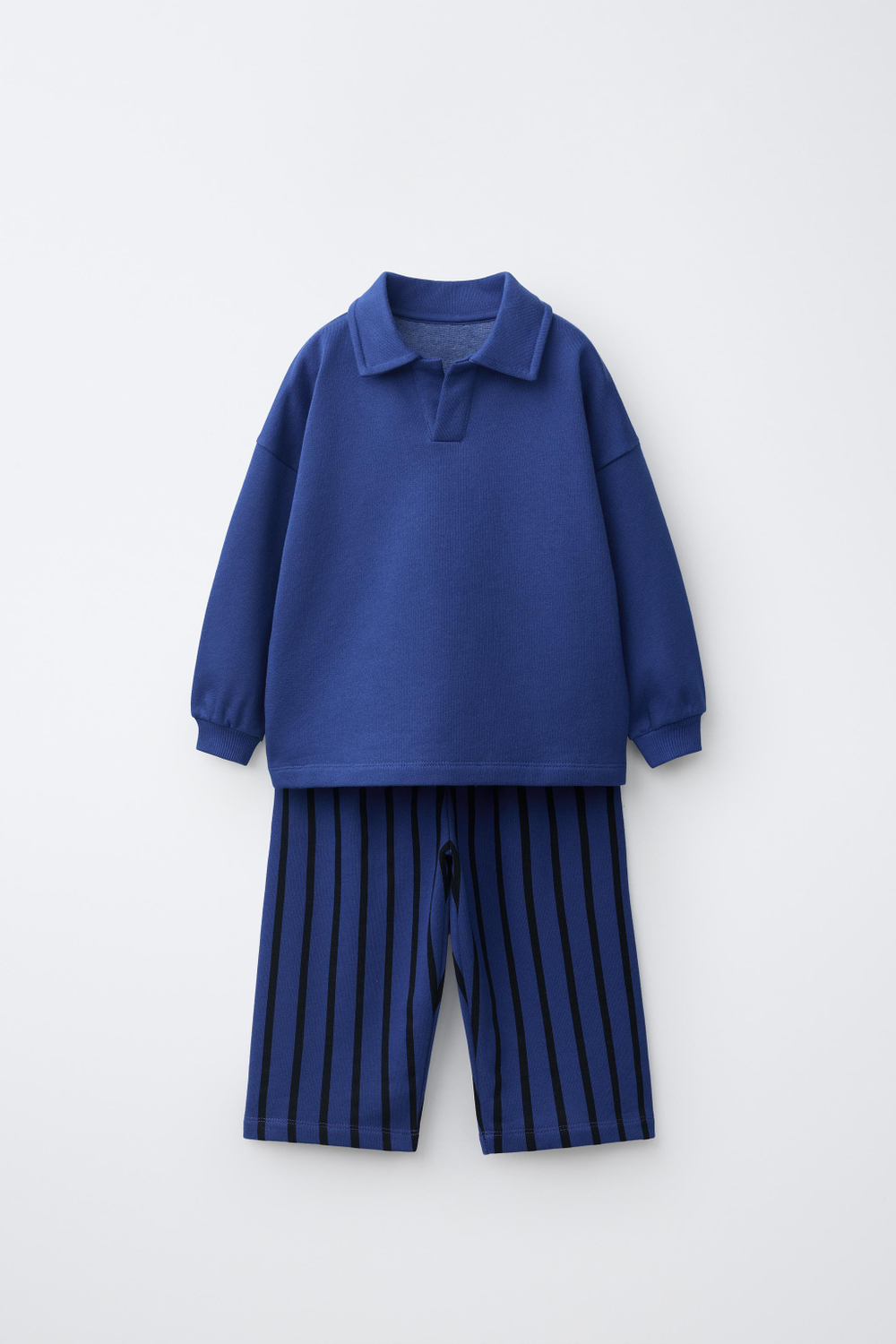 ZARA КОМПЛЕКТ: ПОЛО И БРЮКИ WIDE LEG В ПОЛОСКУ, ЯРКО-СИНИЙ