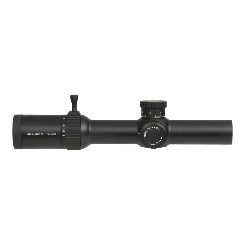 Прицел Gaut Obsidian 1-6x24, сетка 39, 0.1 МIL - вид слева в профиль, барабаны пристрелки