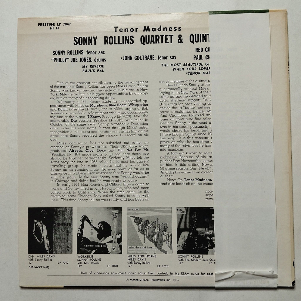Винтажная виниловая пластинка LP Sonny Rollins Quartet Tenor Madness (Japan 1976) (No Obi)