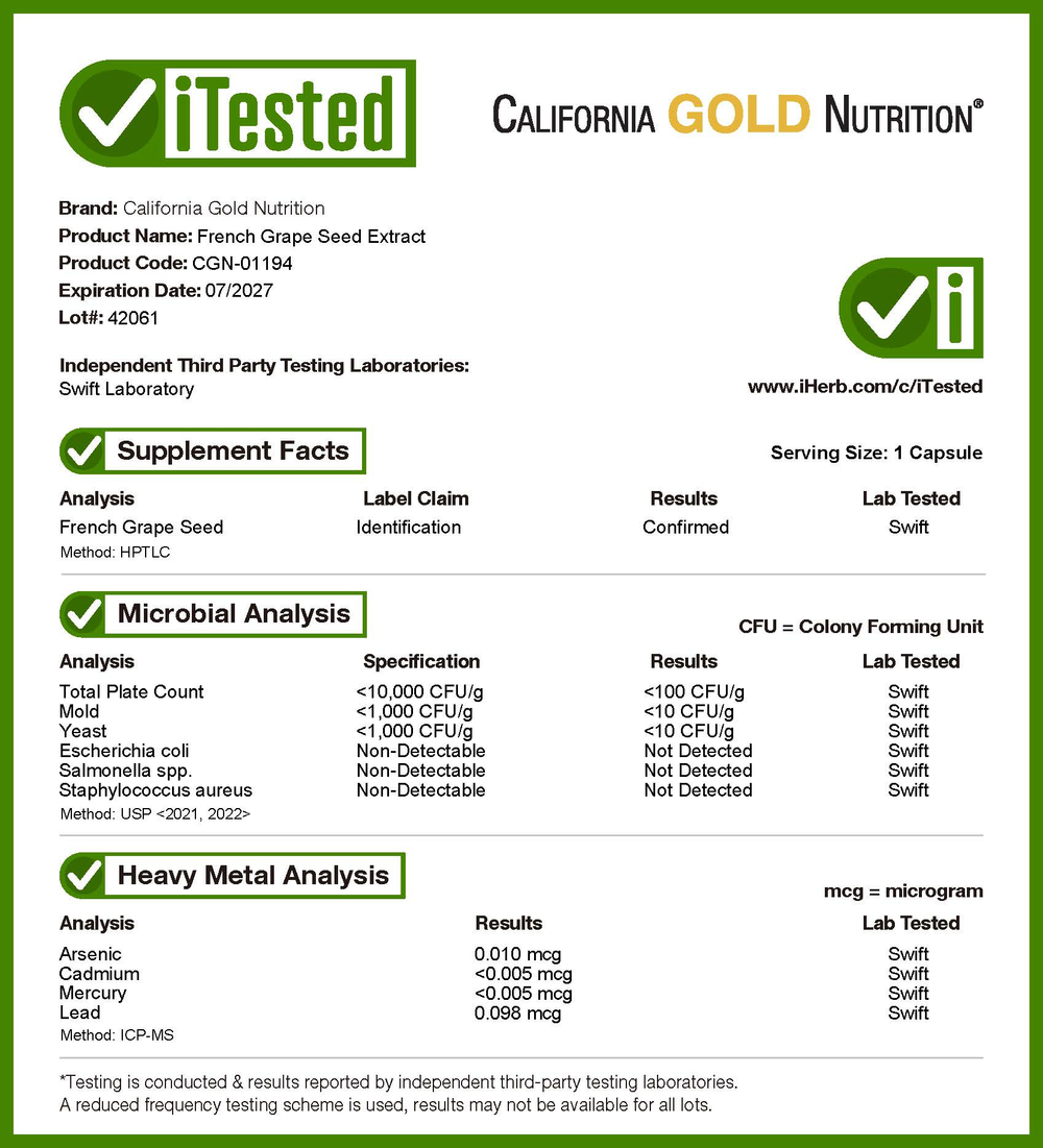 California Gold Nutrition, экстракт косточек французского винограда, Vitaflavan®, 100 мг, 120 растительных капсул