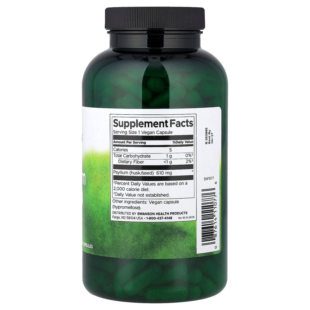 Swanson Vitamins, шелуха семян подорожника, 610 мг, 300 веганских капсул