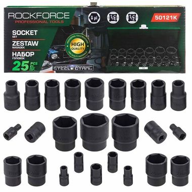 Головки ударные, набор 25пр. 1/4'', 1/2''(6гр.) RockForce RF-50121K