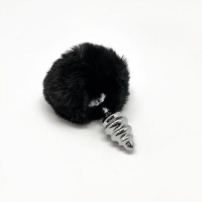 Серебристая анальная пробка с черным хвостиком Metal Anal Fluffly Twist Plug S (Цвет: серебристый с черным)