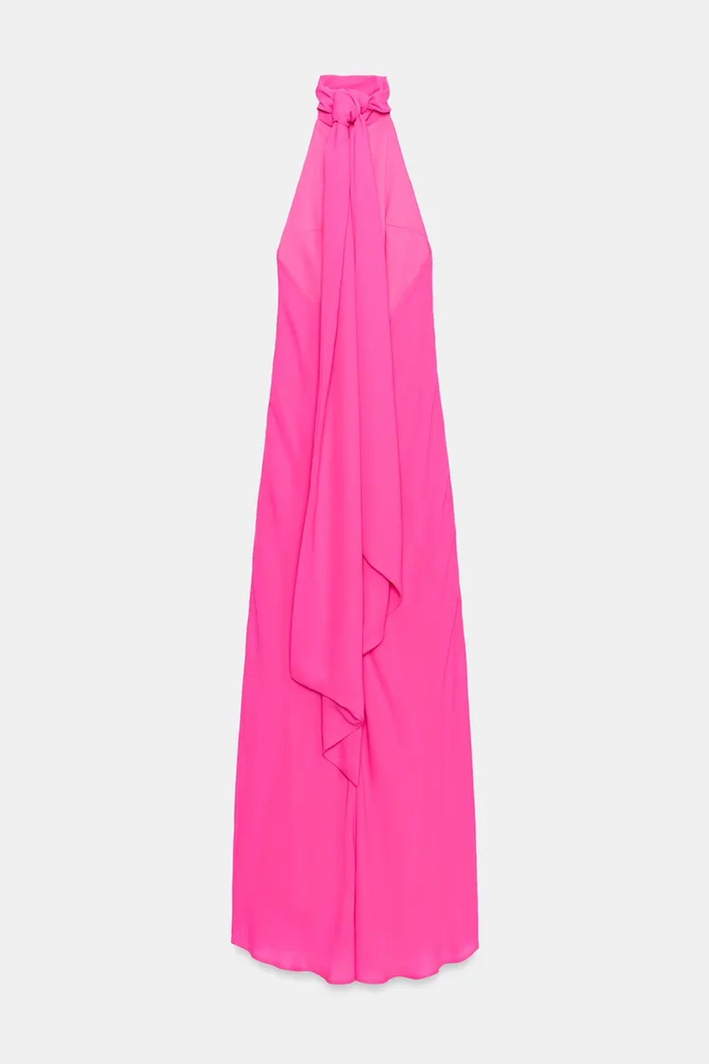 ZARA ДЛИННОЕ ПЛАТЬЕ-ХАЛТЕР С ЗАВЯЗКАМИ, НЕОНОВЫЙ РОЗОВЫЙ