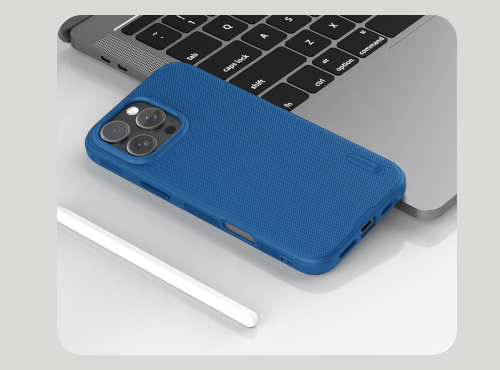 Усиленный чехол синего цвета от Nillkin для iPhone 16 Pro, серия Super Frosted Shield Pro