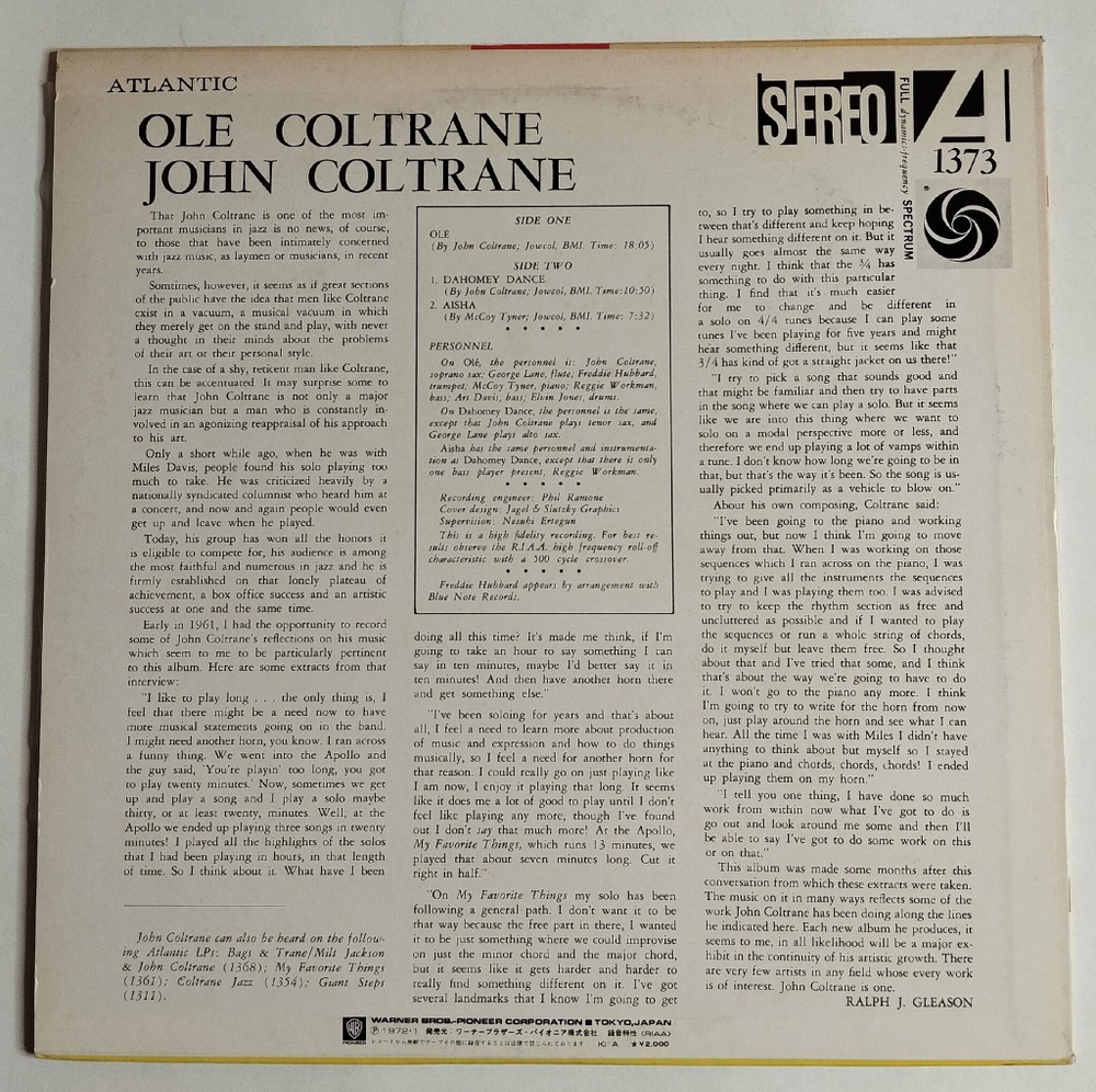 Винтажная виниловая пластинка LP John Coltrane Ole Coltrane (Japan 1972) (No Obi)