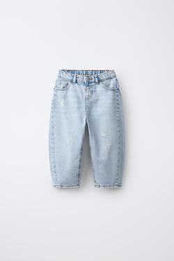 ZARA ДЖИНСЫ BARREL С РАЗРЕЗАМИ, ГОЛУБОЙ